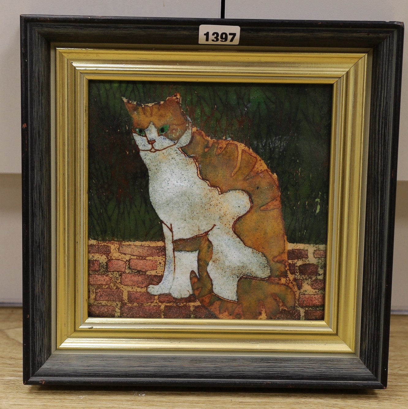 Beryl Turpin Limited Edition enamel on copper 'Cat on bricks' 5/10. 19 x 19cm